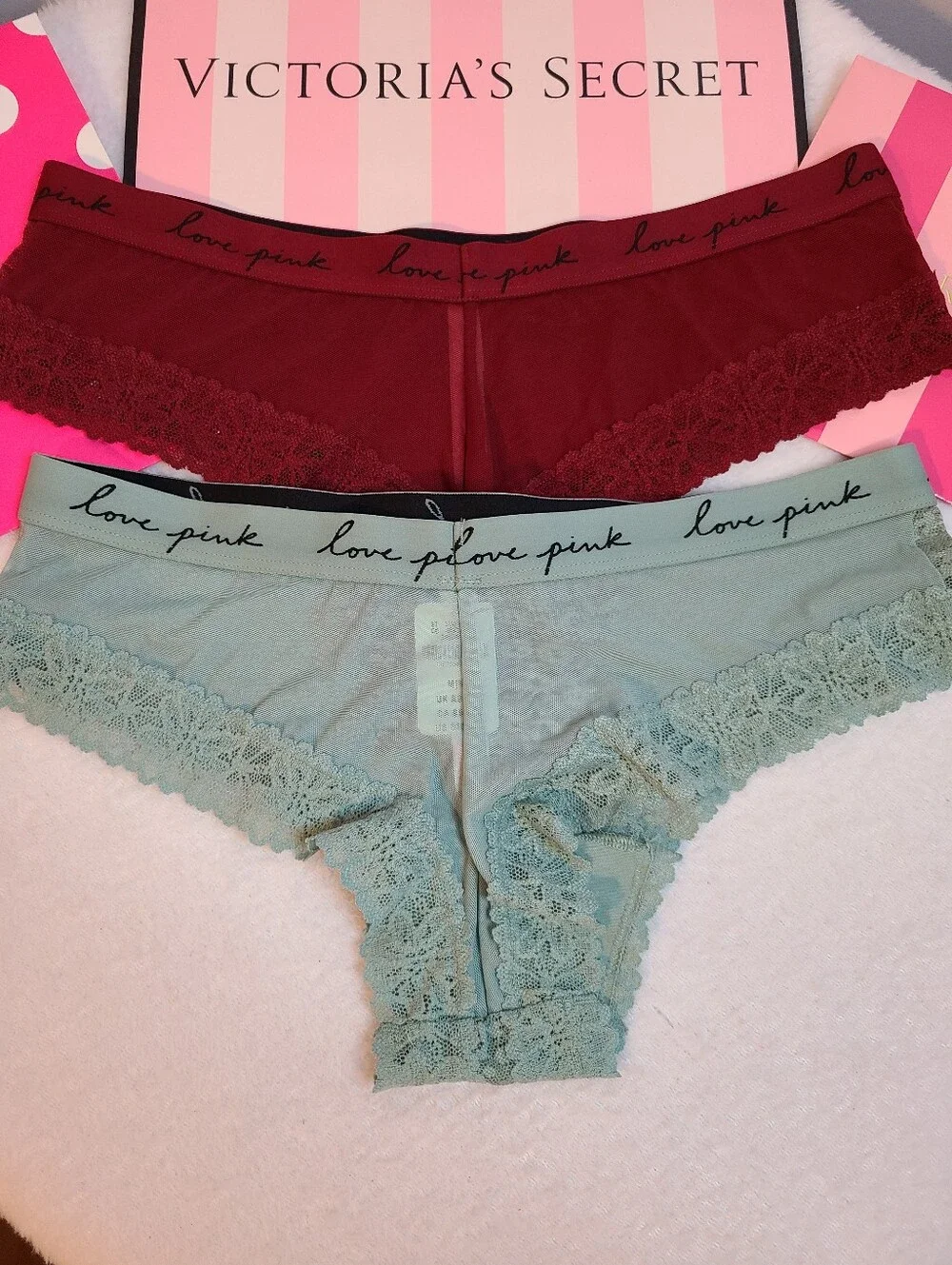 VS PINK 2pk Leopard Lace Logo Band Low Rise Cheekster Panties Size M
